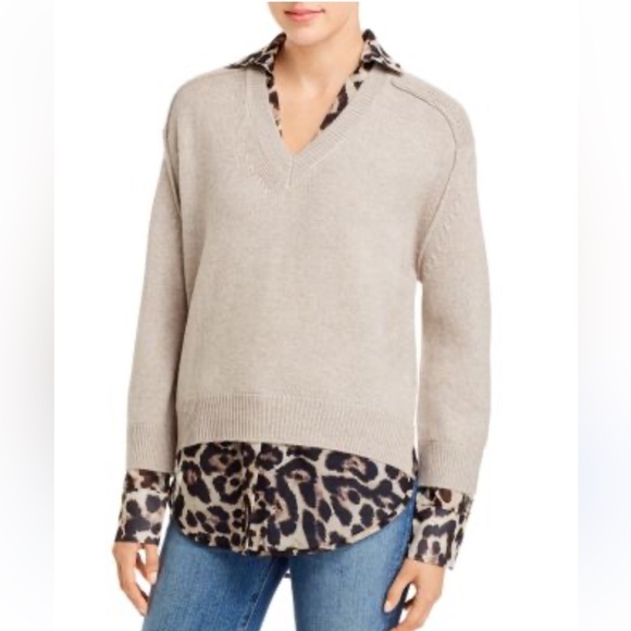 Brochu Walker Gray V-Neck Sweater with Leopard Print